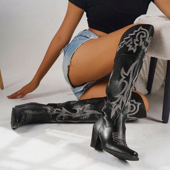 Black Women's Embroider Thigh High Western Cowboy block heels Boots - Picture 1 of 5